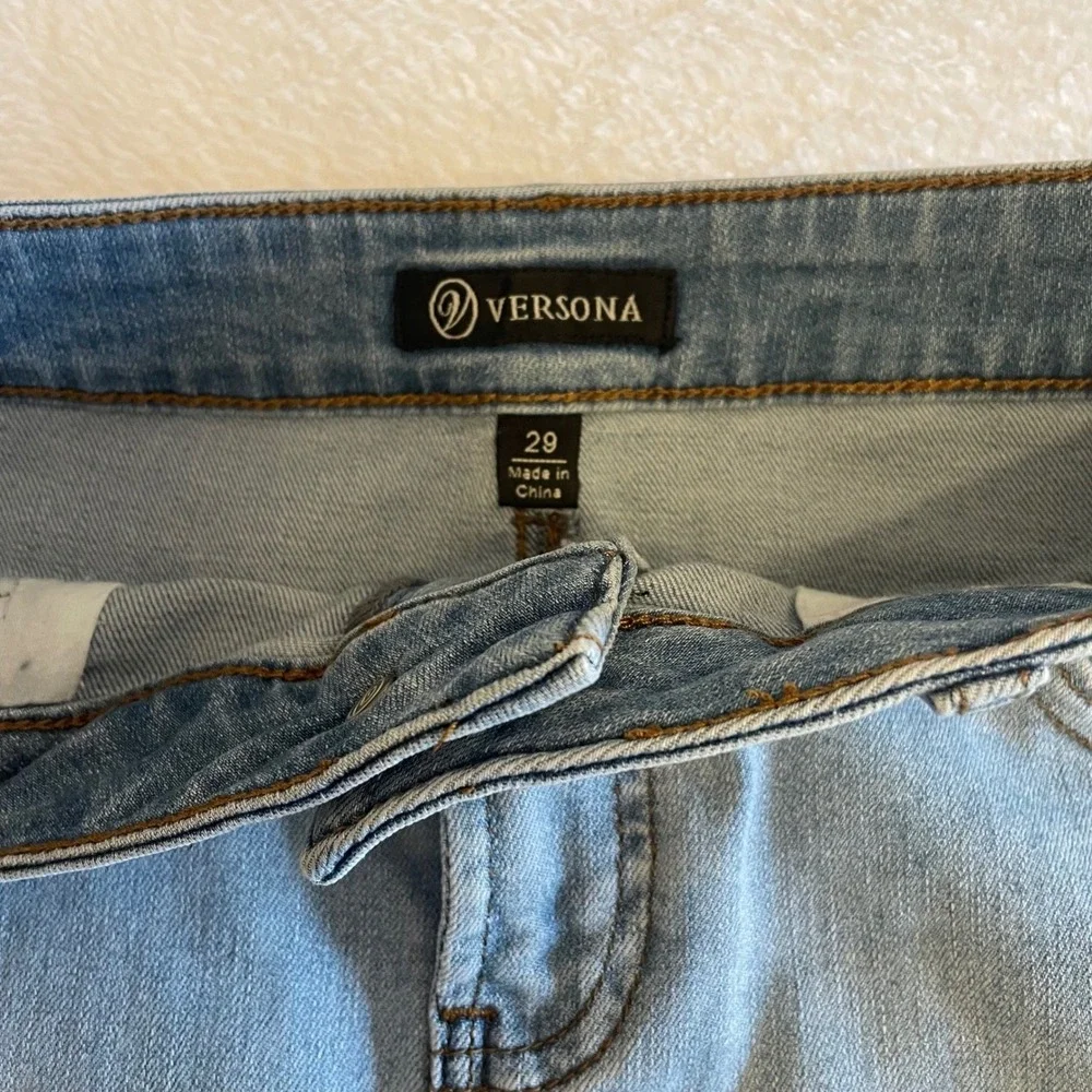 Versona Denim Mini Skirt Womens 29 Light Blue Distressed Raw‎ Hem Stretch Jean